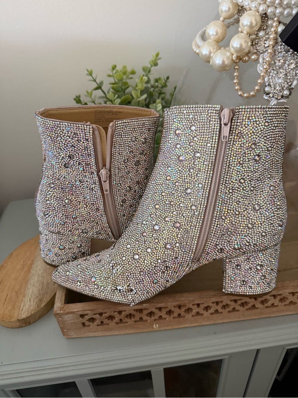 Betsey Johnson Iridescent Crystal Embellished Ankle Boots - Light Pink
